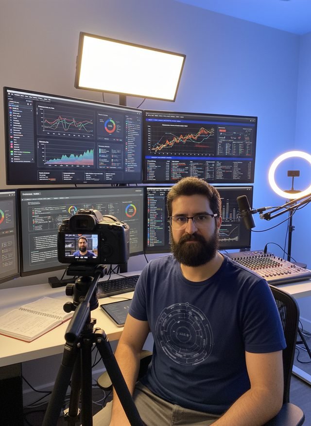 Antônio Jacob no seu estúdio com painéis de dados